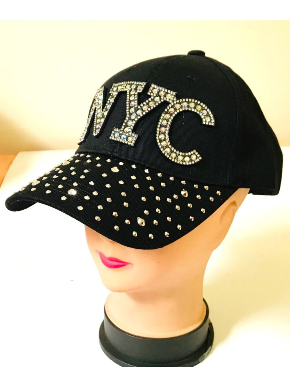 Women Fashion NYC Rhinestones Bling Bling Studs Cotton Baseball Cap - Black